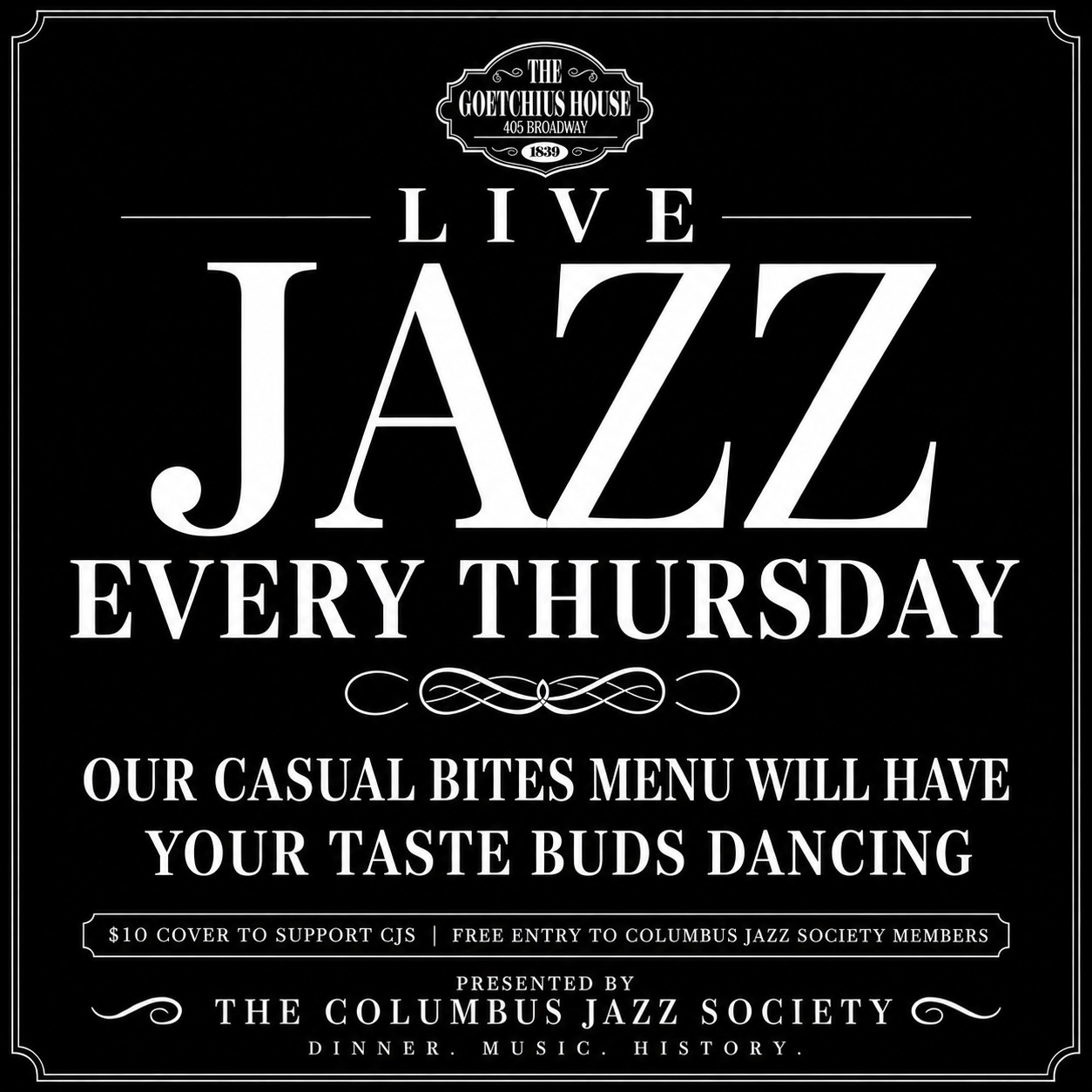 The Goetchius House Facebook ad: LIVE JAZZ EVERY THURSDAY 8 - 10 PM
