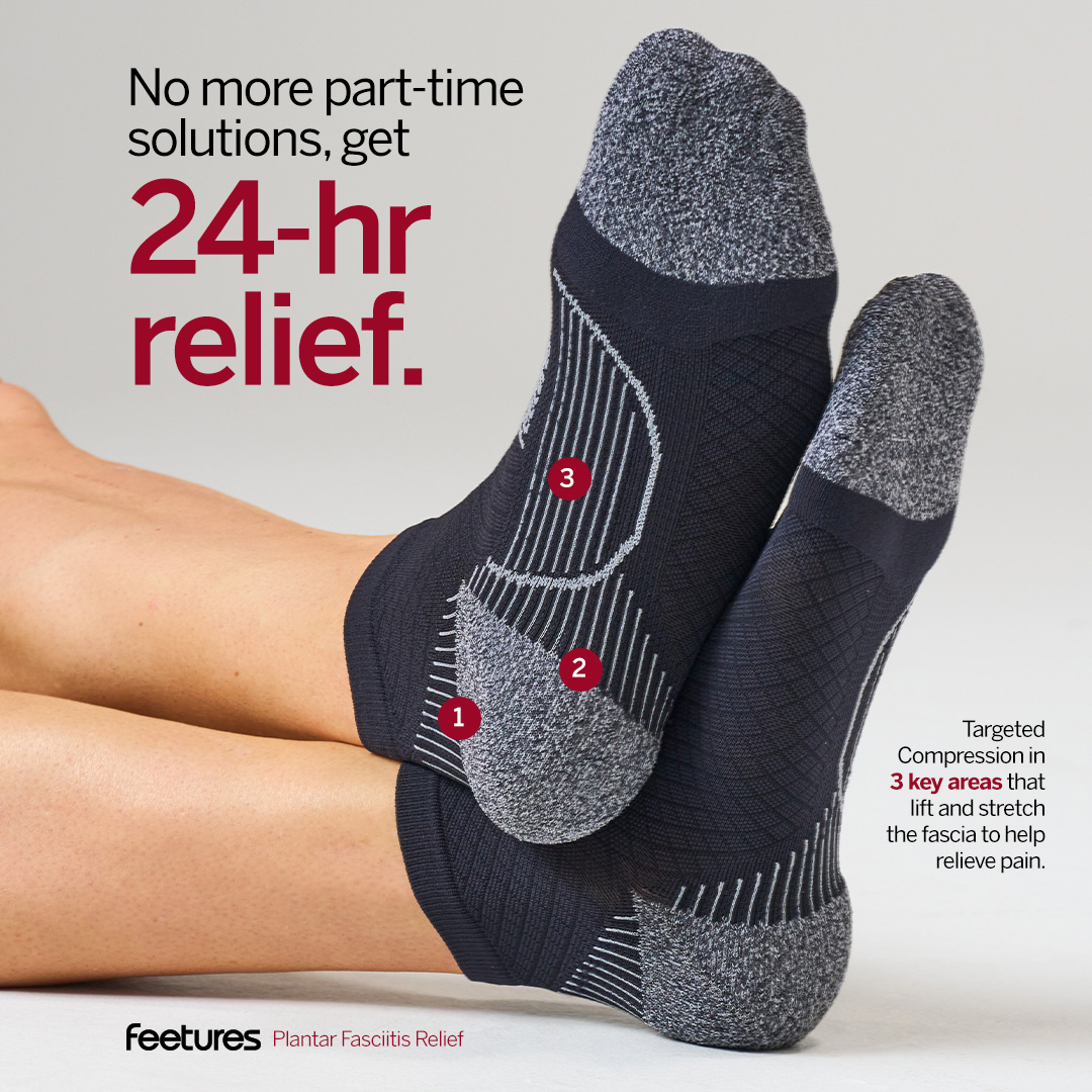 Feetures Facebook ad: Get Plantar Fasciitis Relief. Now.