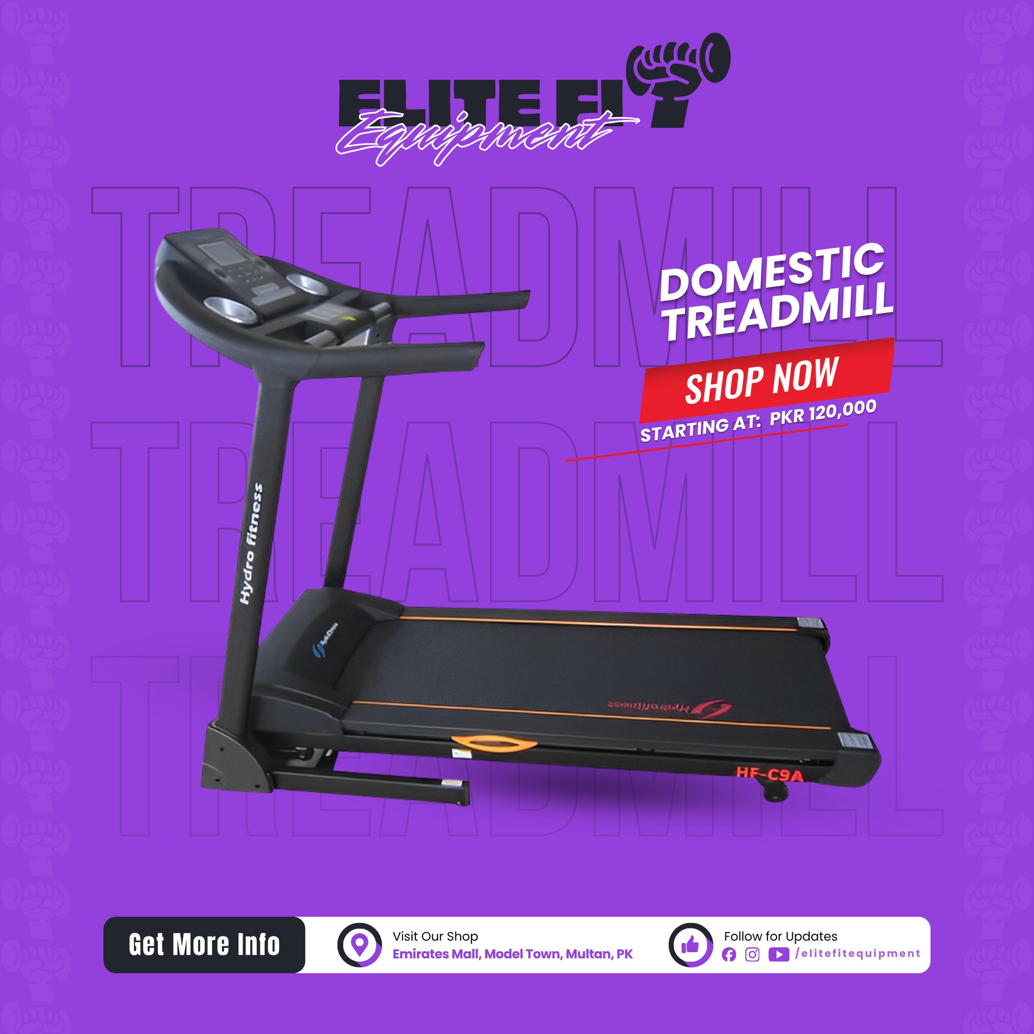 Elite Fit Equipment Facebook ad: Premium quality Treadmills & Exercise Cycles ab available…