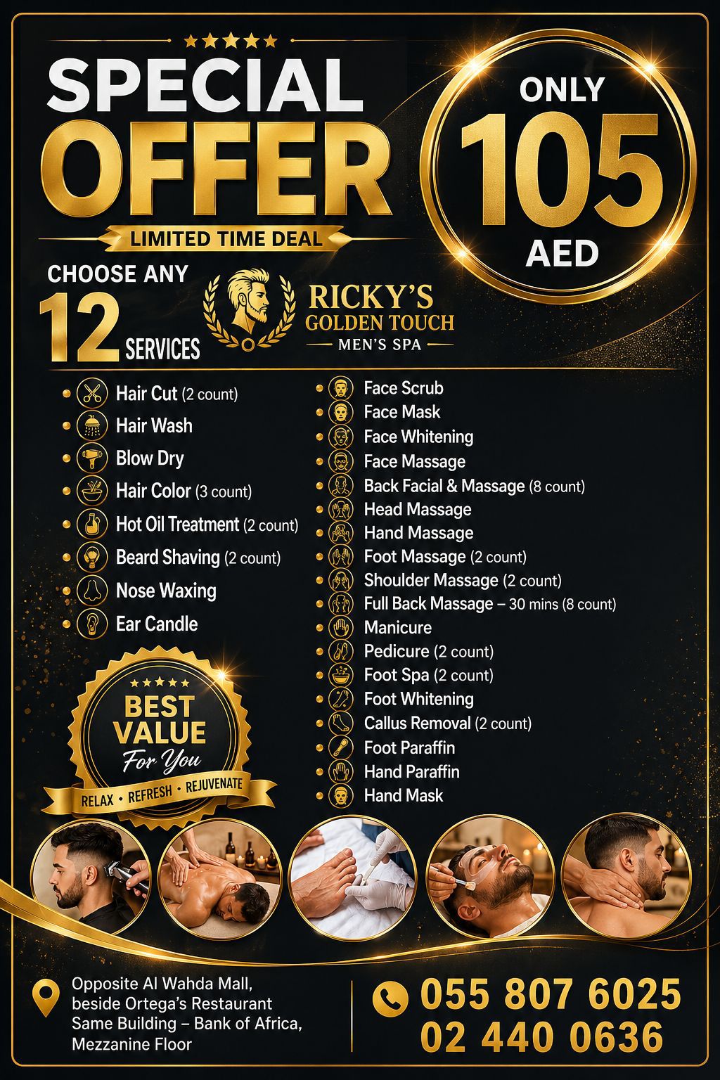 Rickys Golden Touch Mens Spa Facebook ad: Premium Grooming Starts Here