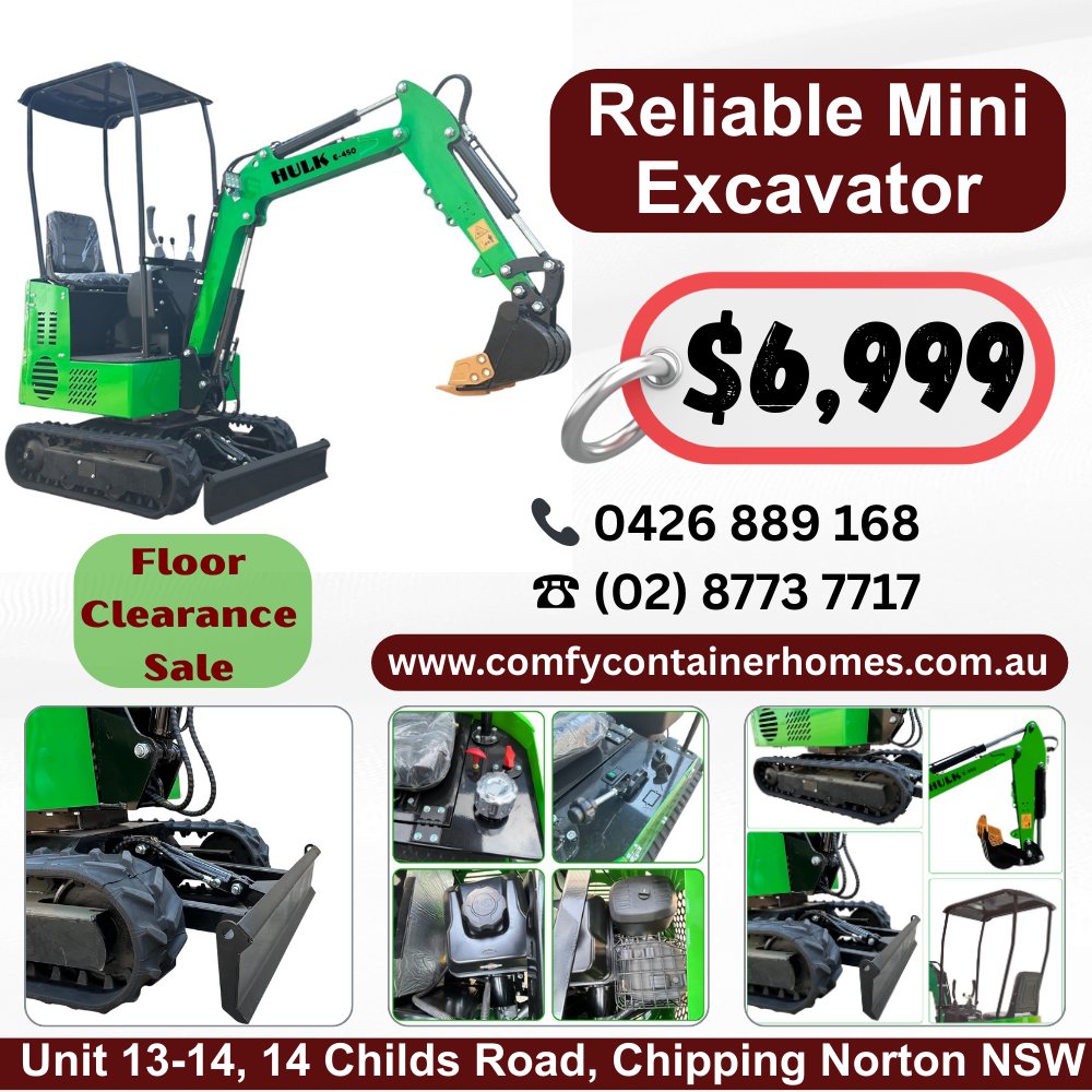 Comfy Container Homes Facebook ad: HULK E-450 Mini Excavator, 13.5HP | 950kg |…