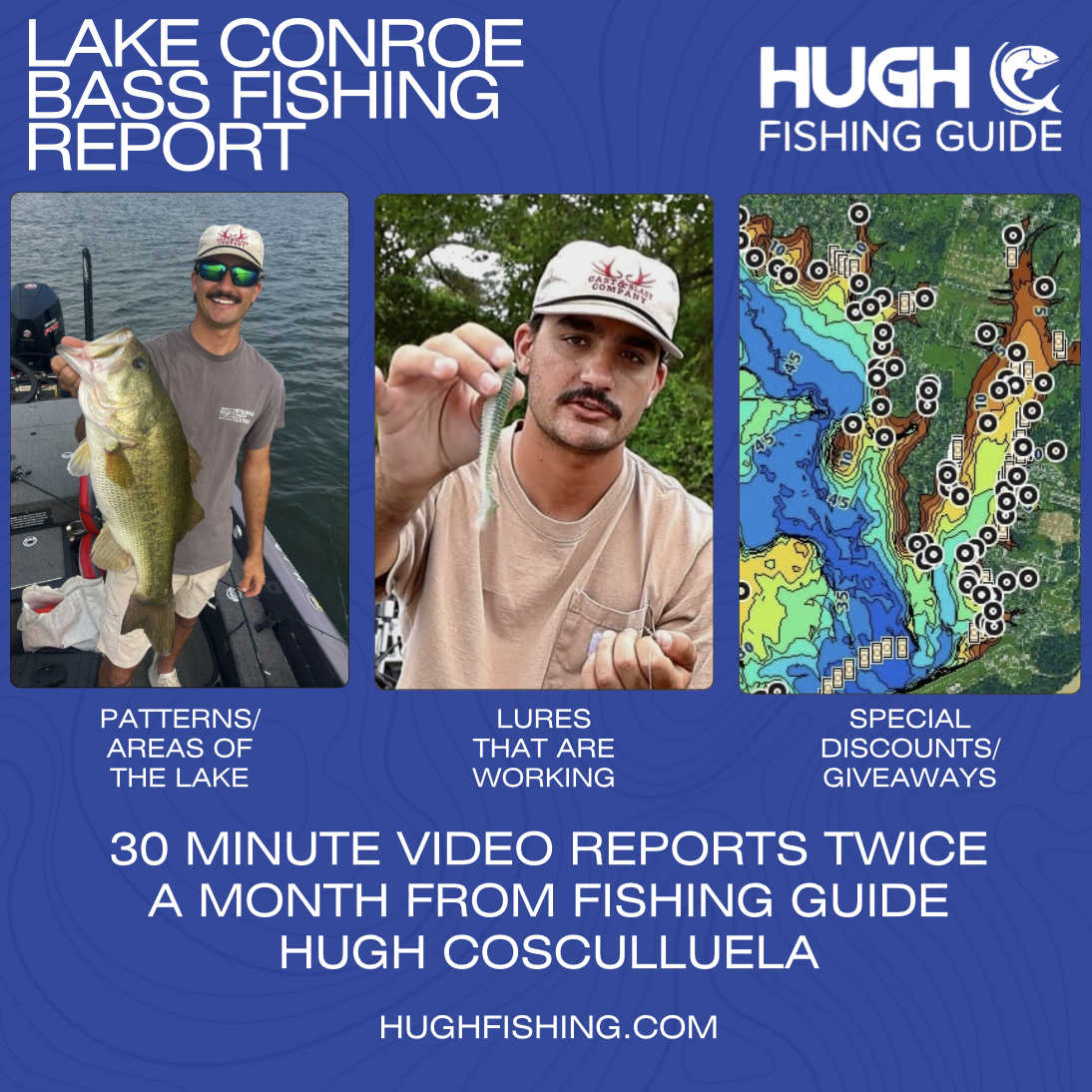 Hugh Cosculluela Fishing Facebook ad: Stay on Top of Lake Conroe Bass Action with Hugh’s Fishing…