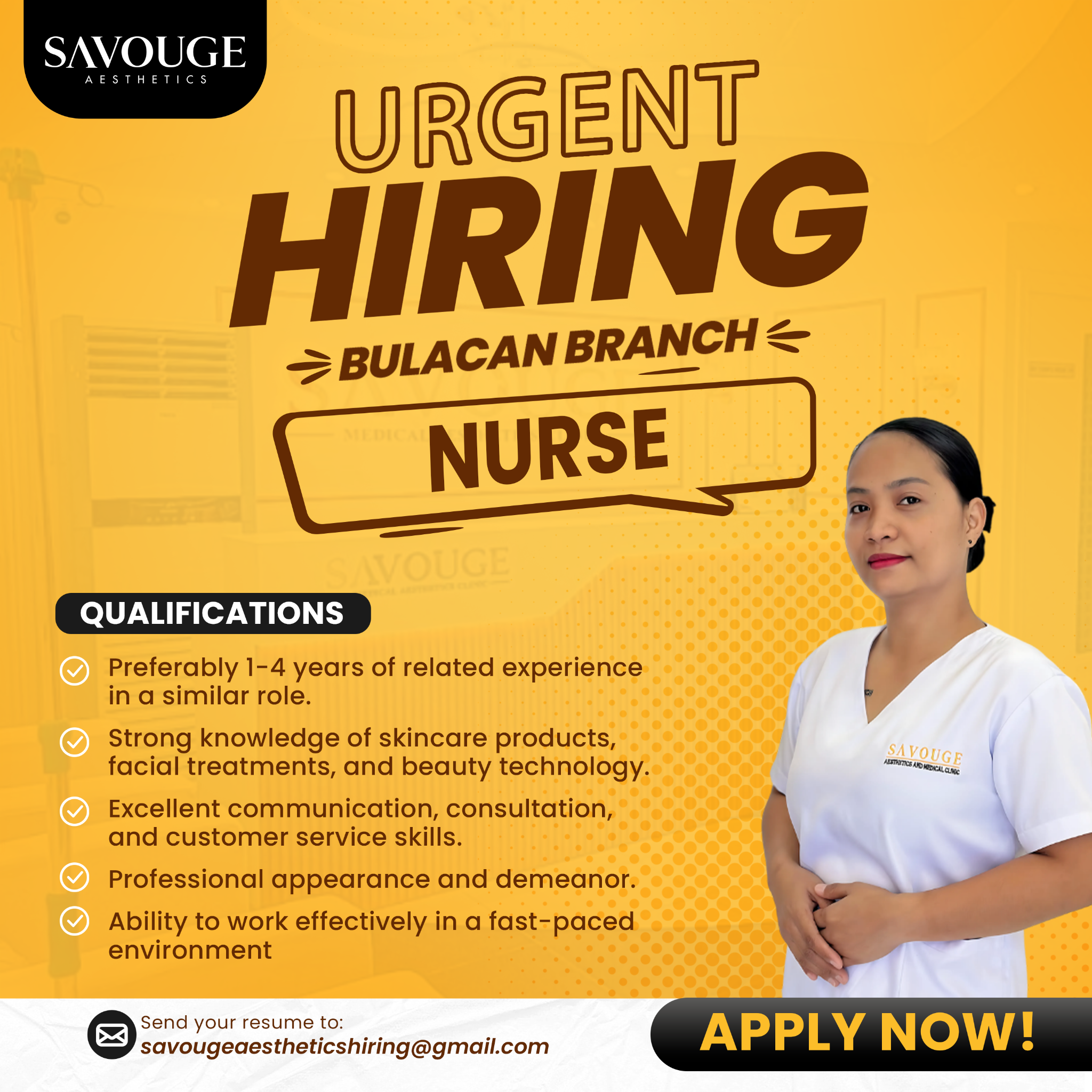 Opportunities by Savouge Aesthetics Facebook ad: HIRING, NURSE in Bulacan