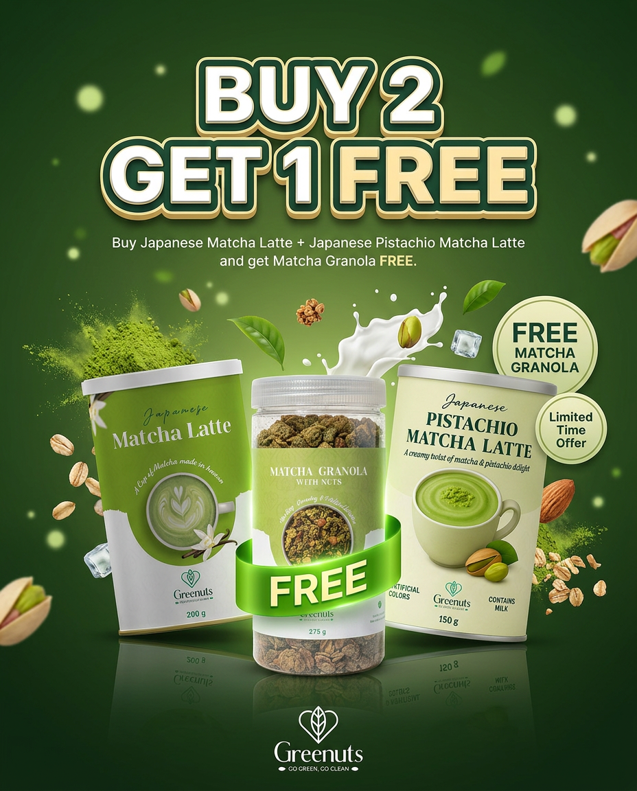 Greenuts Facebook ad: Buy 2 Matcha Lattes, Get Granola FREE