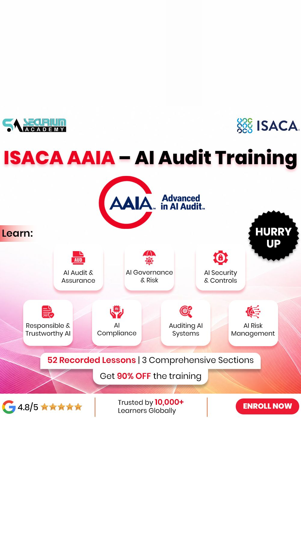 Securium Academy Facebook ad: ISACA AAIA AI Audit Training, 90% OFF