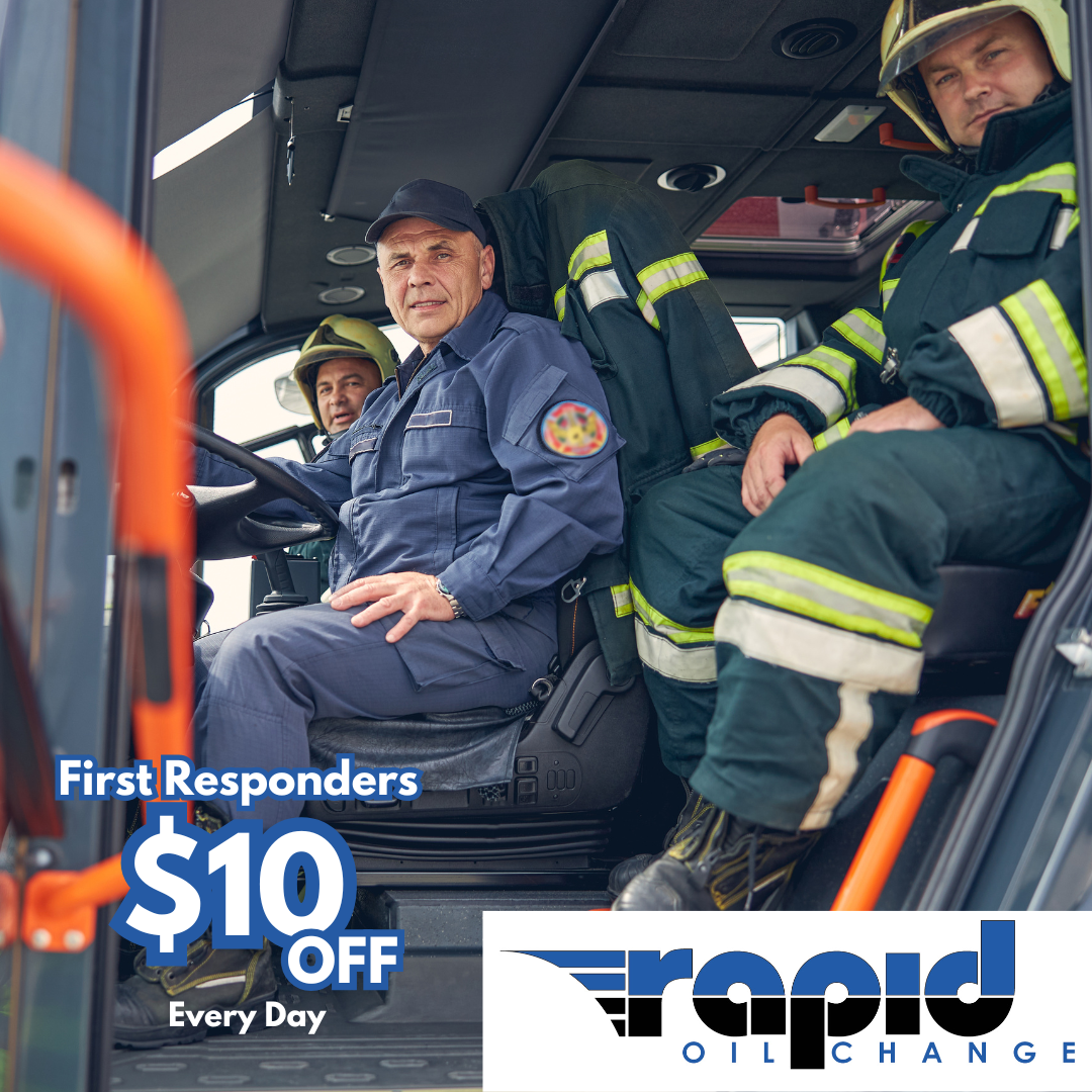 Rapid Oil Change Lubbock Facebook ad: First Responders, Teachers, Veterans, and Active Duty…