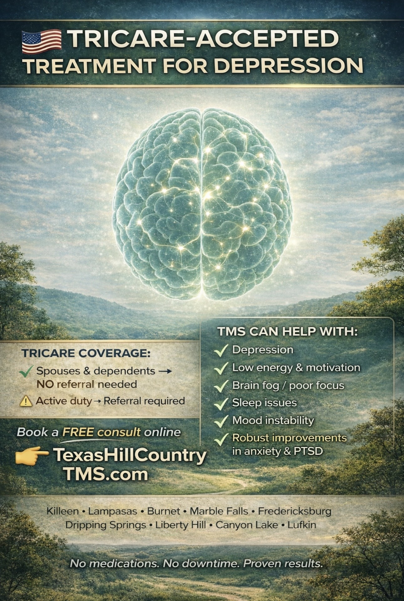 Texas Hill Country TMS Facebook ad: Struggling with depression, PTSD or anxiety?