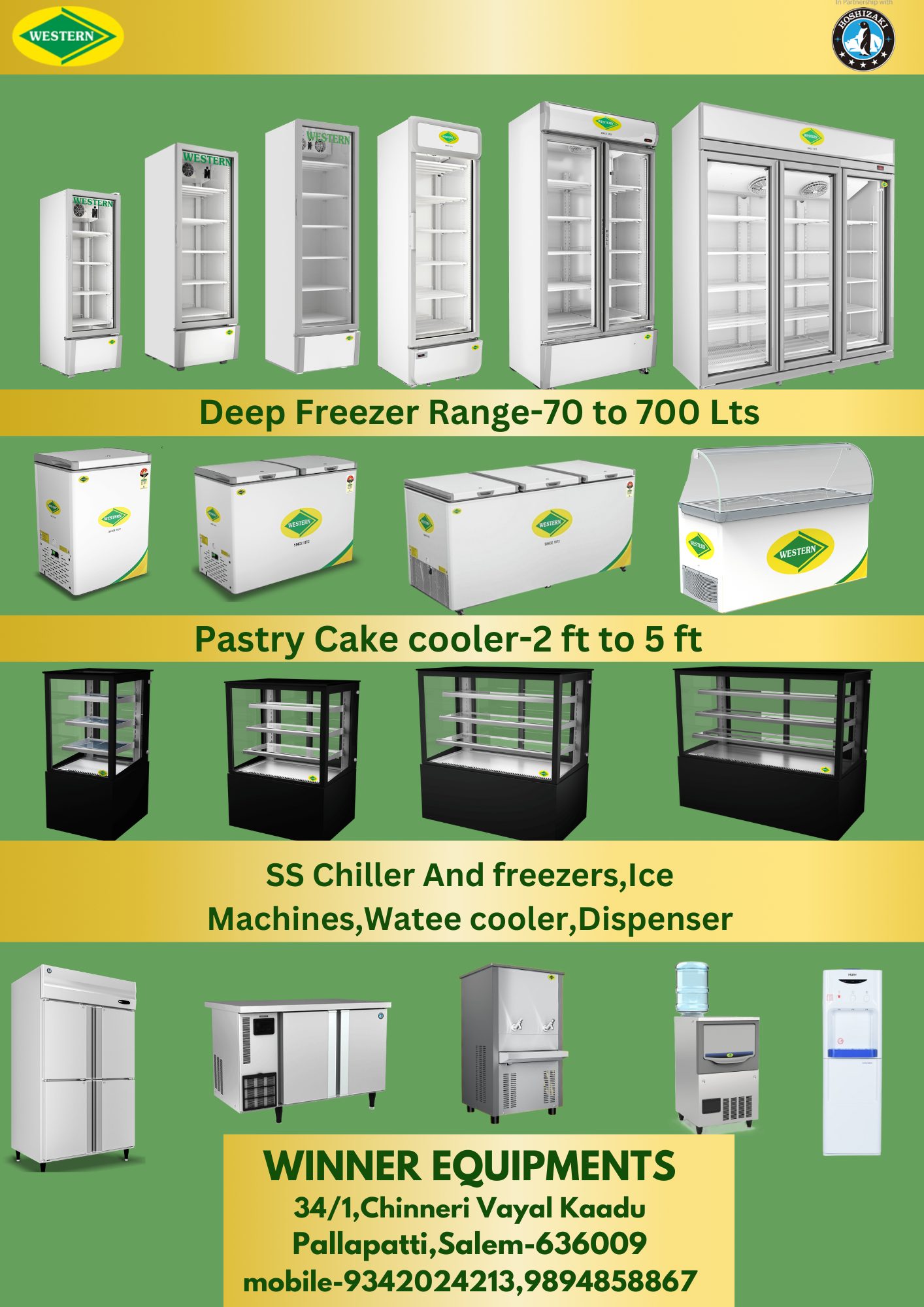 Winner Equipments Facebook ad: Deep freezer and Visi cooer,Bakery Showcase Bajaj EMI…