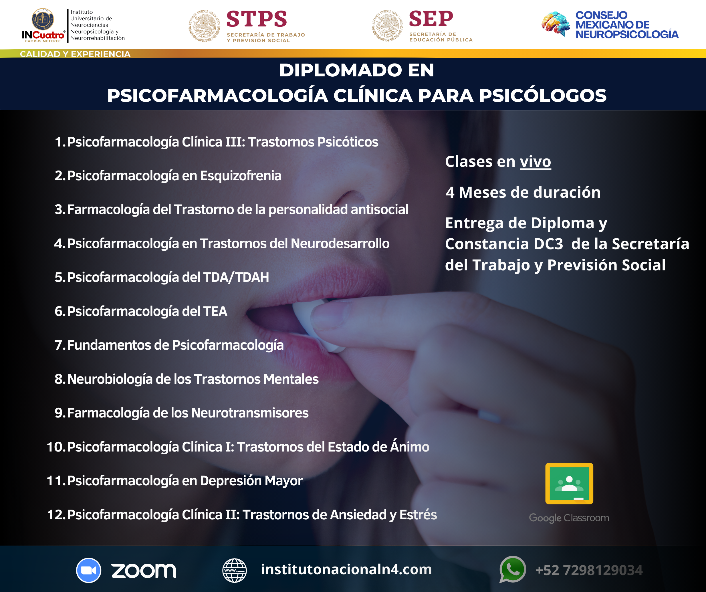 Instituto Nacional de Neurociencias Neuropsicología y Neurorrehabilitación Facebook ad: Diplomado en Psicofarmacología Clínica para Psicólogos