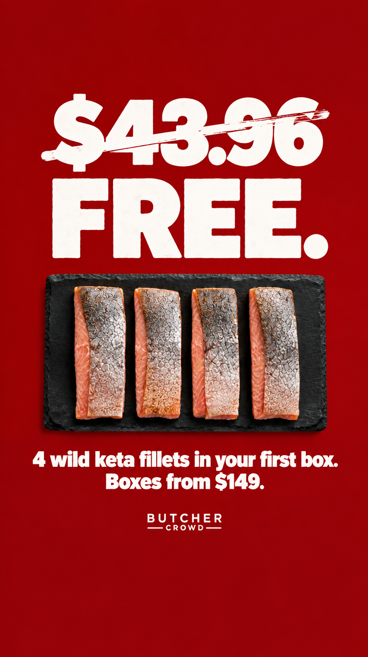 ButcherCrowd Facebook ad: 4 Free Wild Salmon Fillets