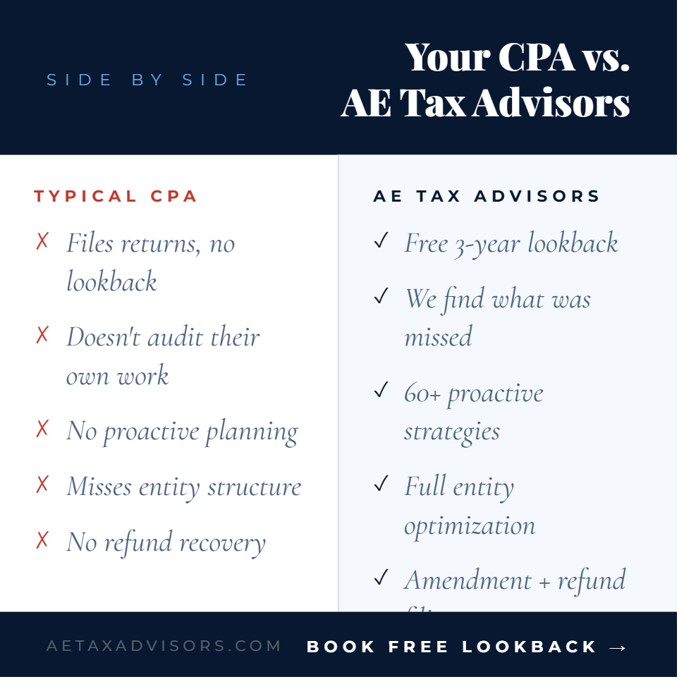 AE Tax Advisors Facebook ad: For Business Owners Making Over $500k Per Year