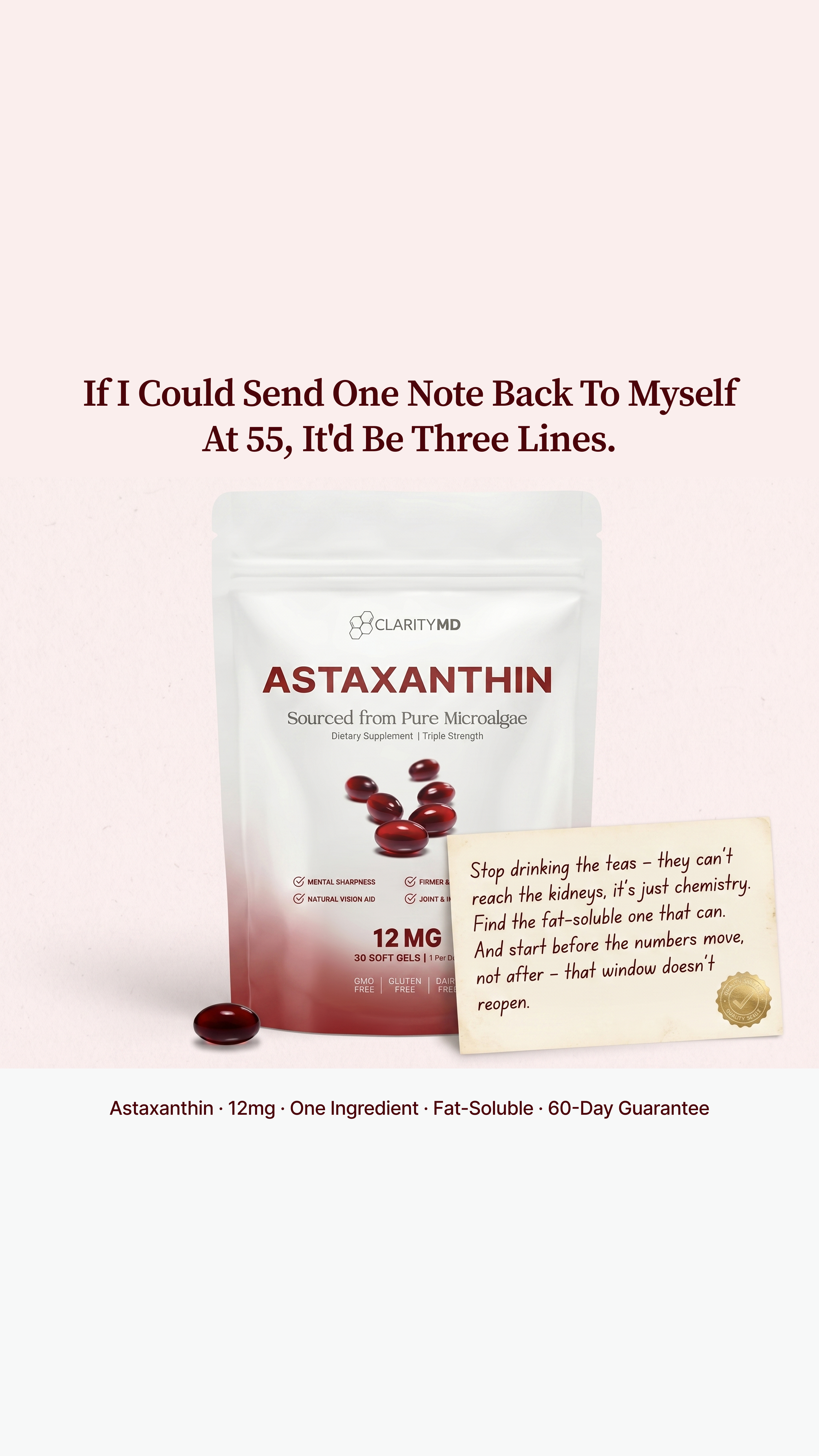 The Kidney Wellness Community Facebook ad: Clinically Dosed Astaxanthin, No Fillers, Just Results