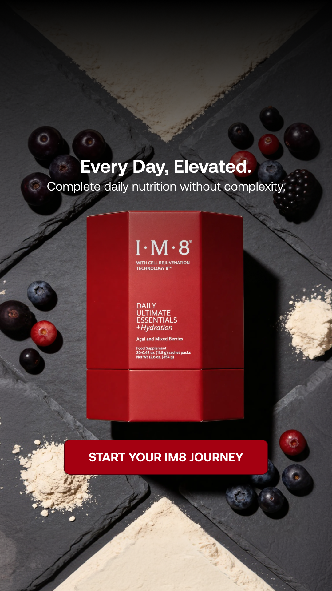 IM8 Facebook ad: One Scoop. 16 Supplements. Zero Guesswork.
