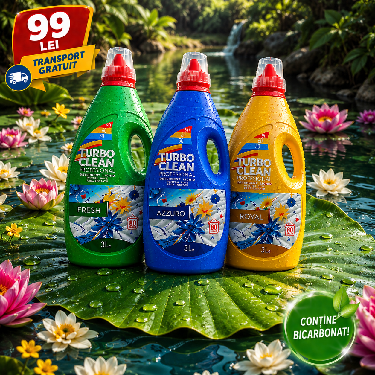 Eclean.ro Facebook ad: 3x Detergent Rufe Turbo Clean Economic 3L Bicarbonat de…