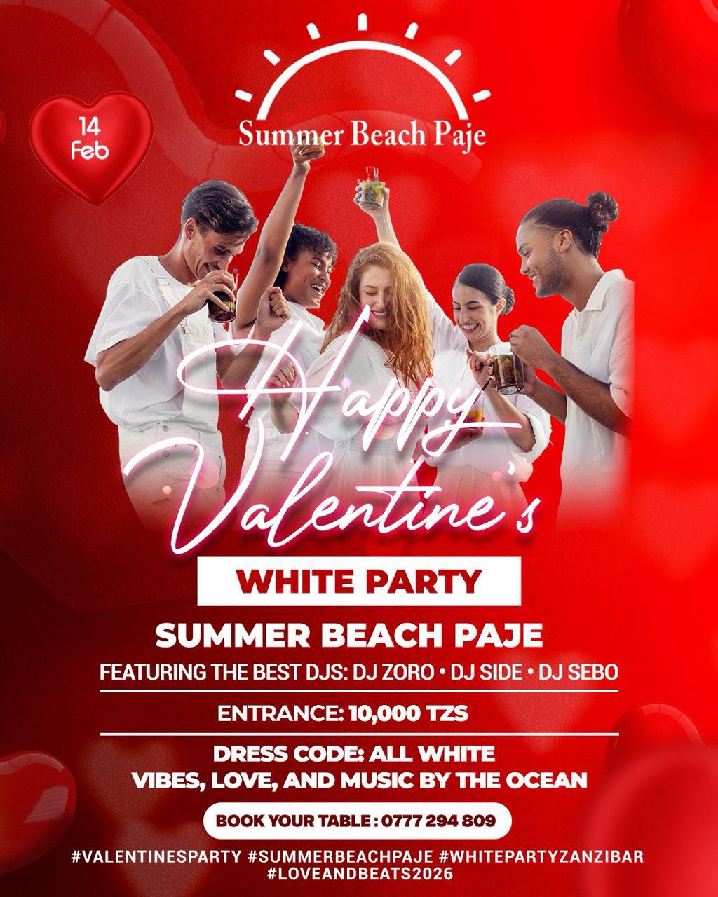 Summer beach paje Facebook ad: *HAPPY VALENTINE'S WHITE PARTY* at *Summer Beach Paje*!