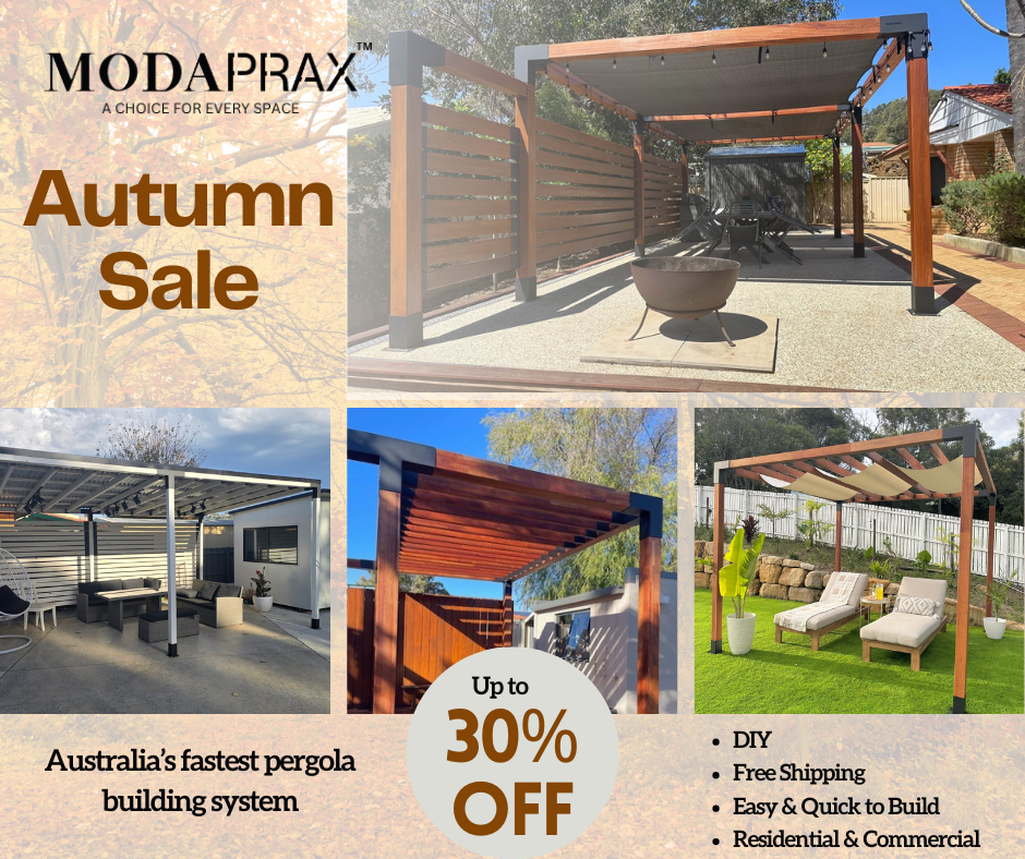 Modaprax Facebook ad: Autumn Sale, Up to 30% Off Pergola Kits!
