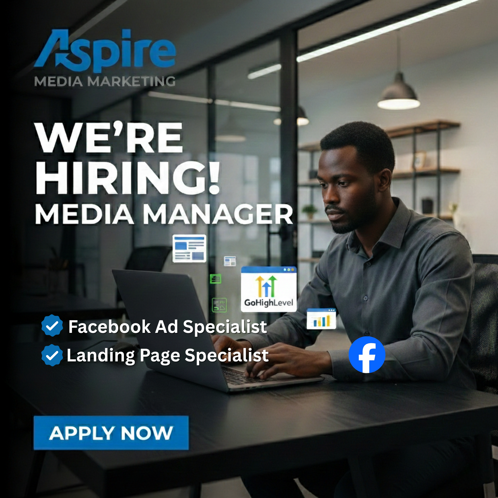 Aspire Media Marketing Facebook ad: We're Hiring: Facebook Ad Specialists + Landing Page…