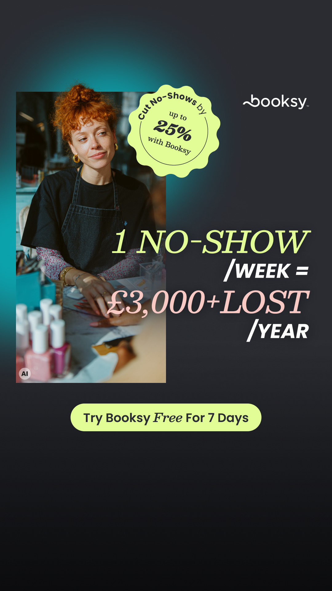 Booksy UK Facebook ad: Try Booksy FREE for 7 days.