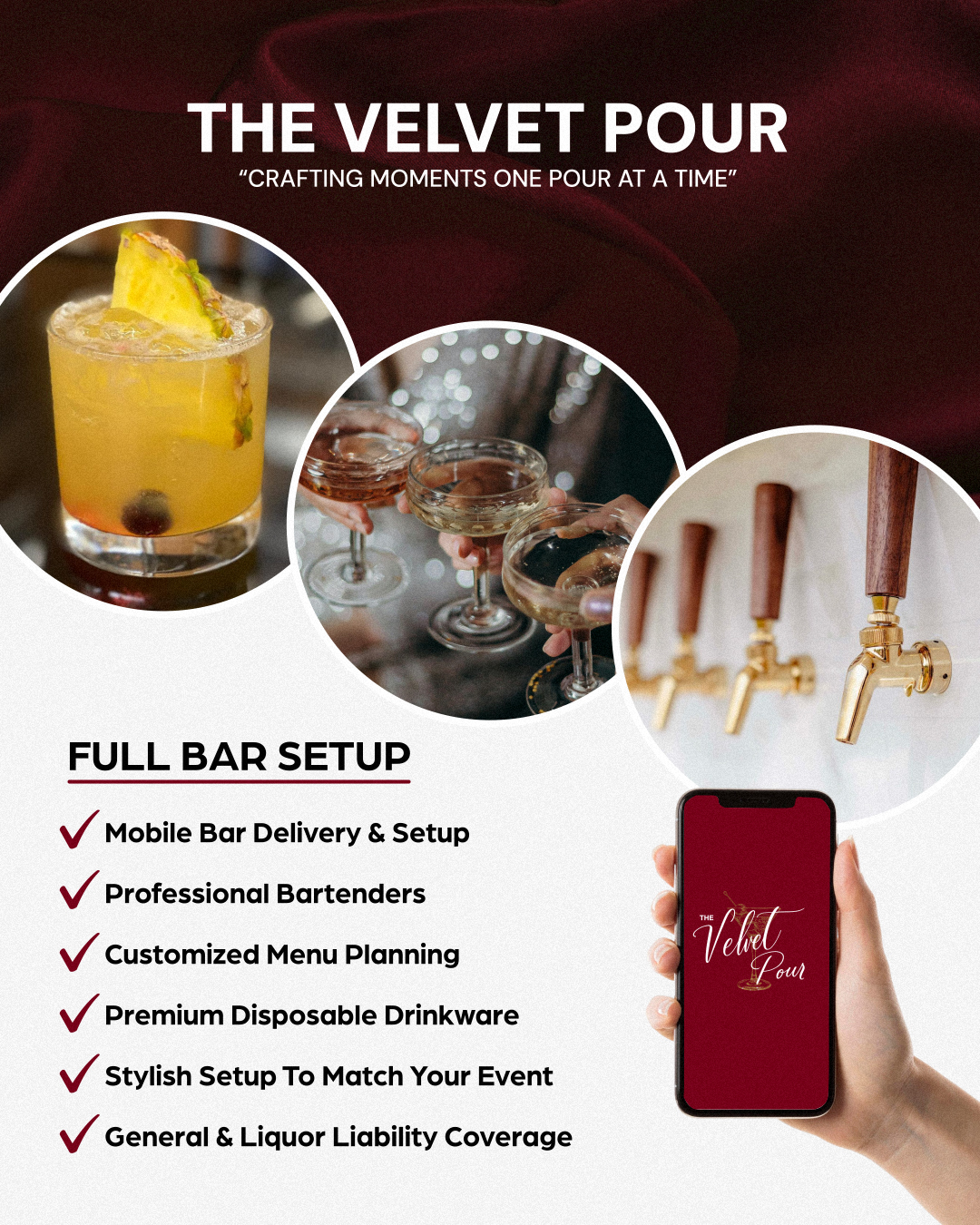 The Velvet Pour Mobile Bar Facebook ad: Full-Service Mobile Bar for Any Event