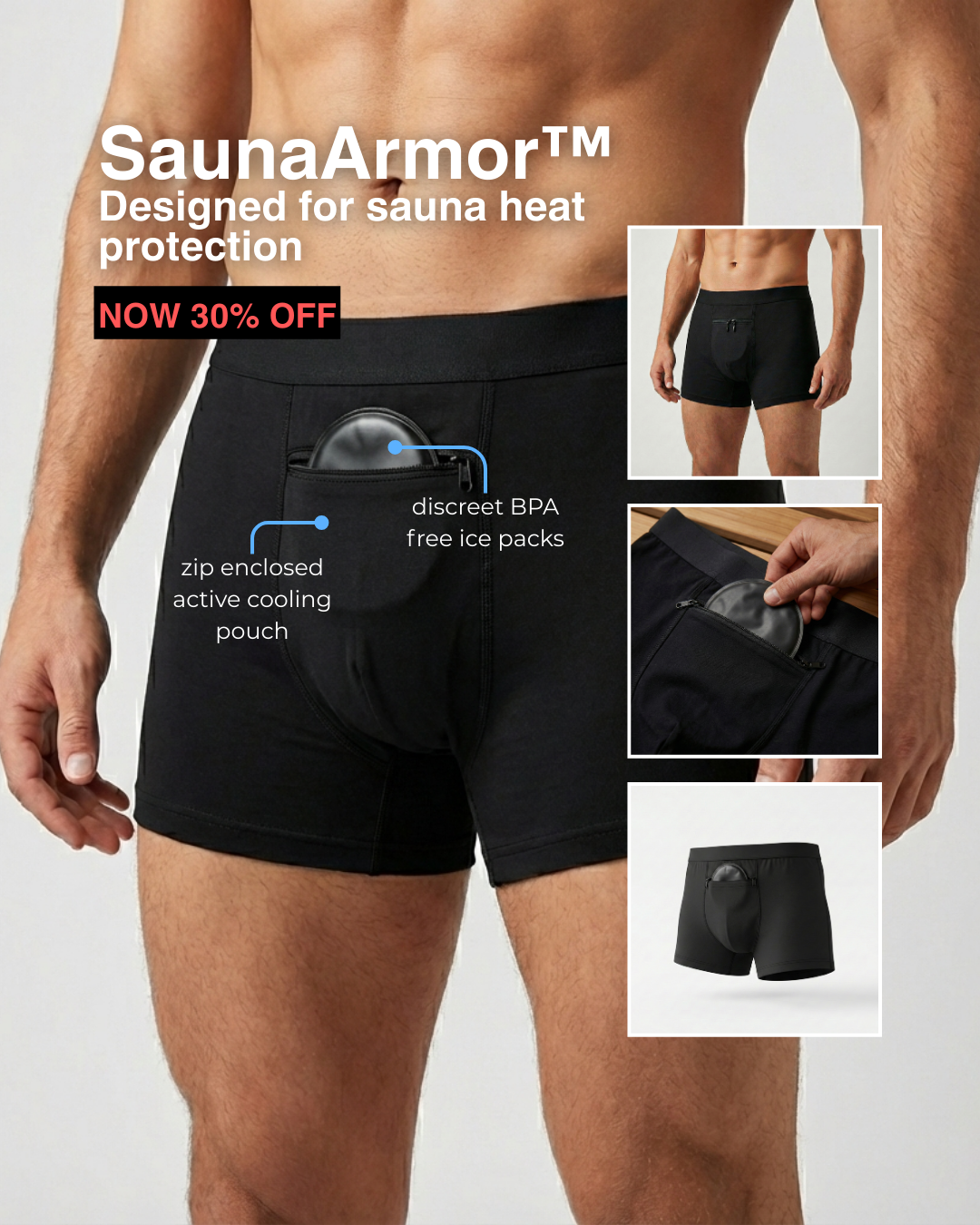 Sauna Protocol Facebook ad: SaunaArmor Fertility Protection Cooling Briefs