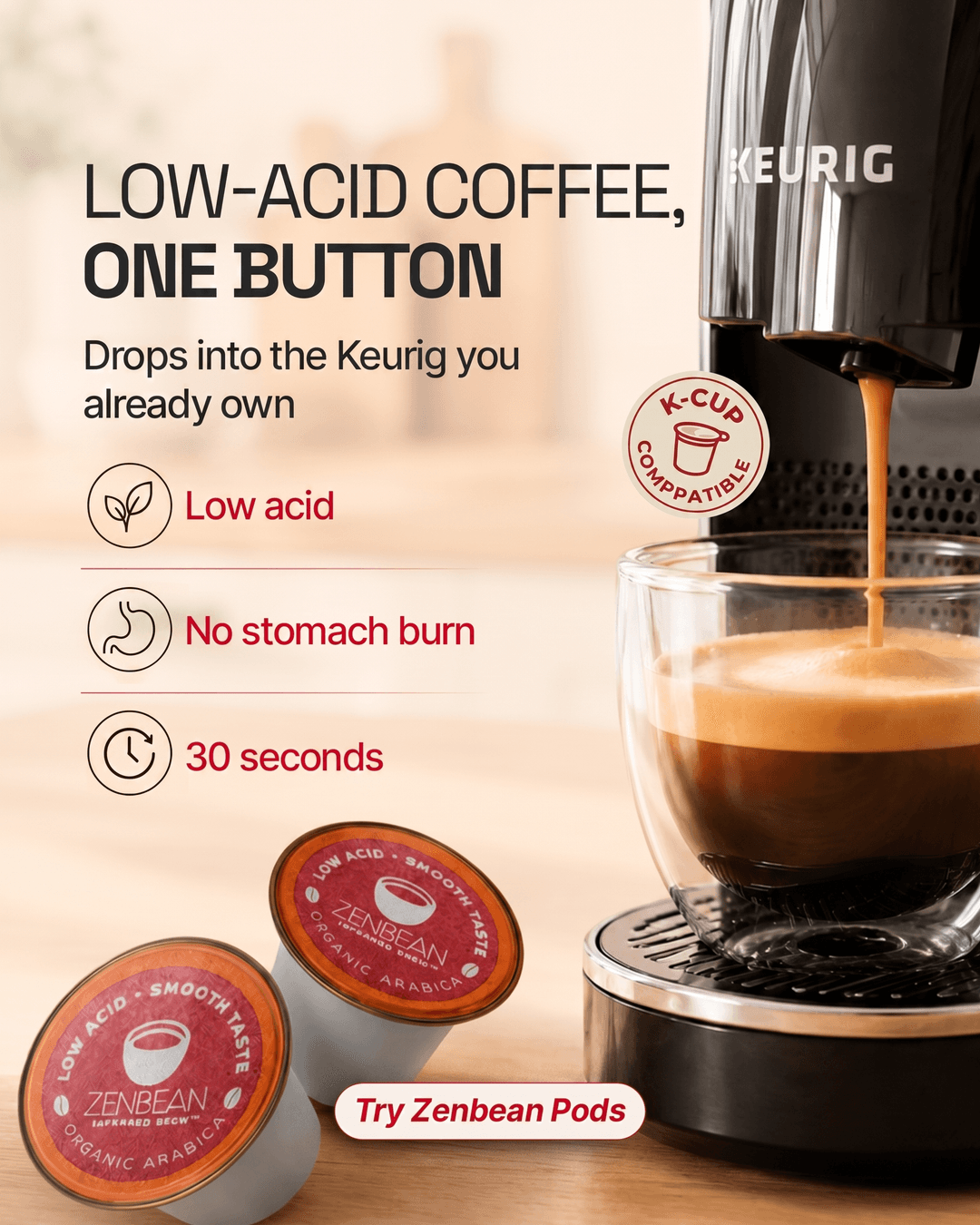 ZenBean Coffee + Events Facebook ad: Low-Acid Coffee. One Button.