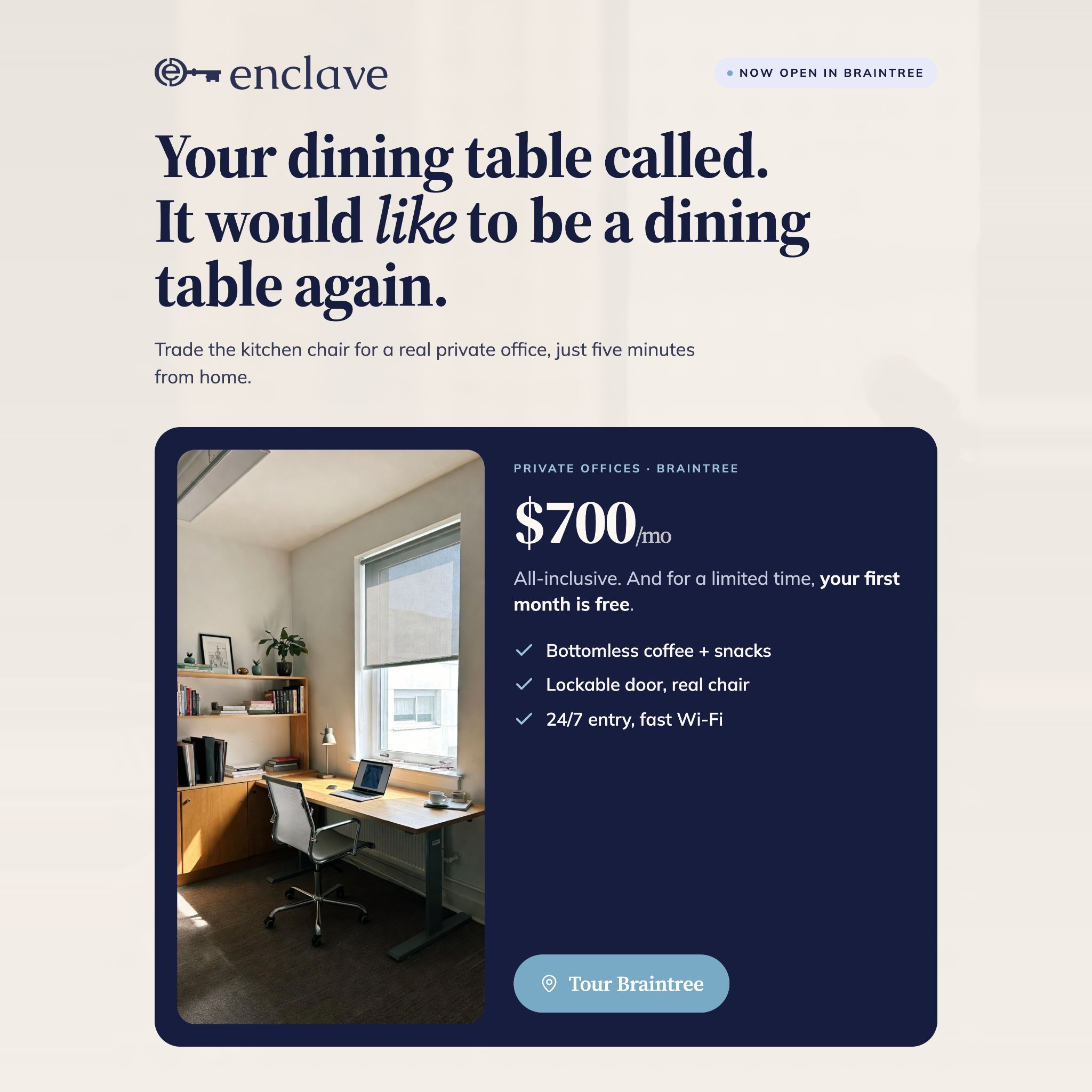 Enclave Coworking Facebook ad from May 20, 2026