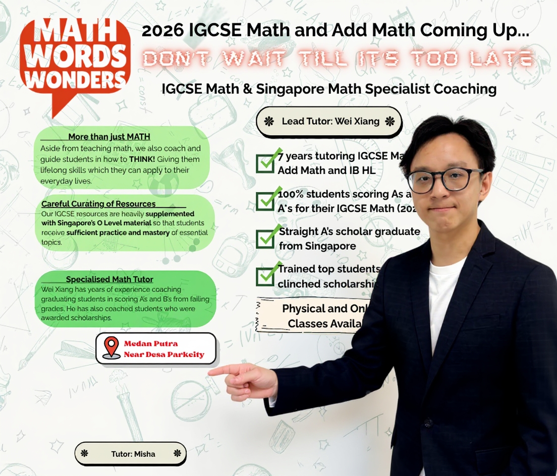 Math, Words & Wonders Facebook ad: Expert IGCSE and Singapore Math Tutoring