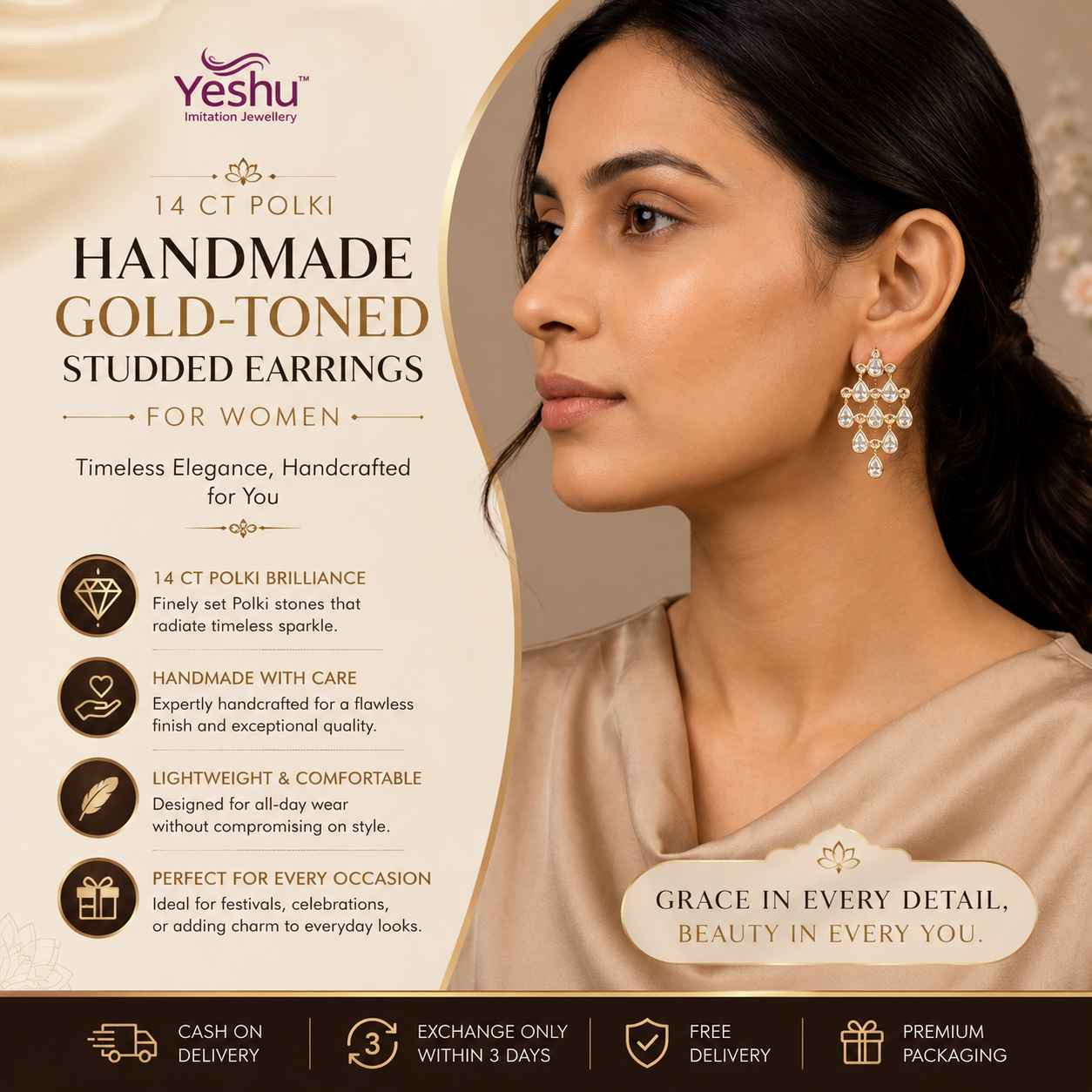 Yeshu imitation jewellery Facebook ad: Buy 14 Ct Polki Handmade Gold Toned Studded Earrings!