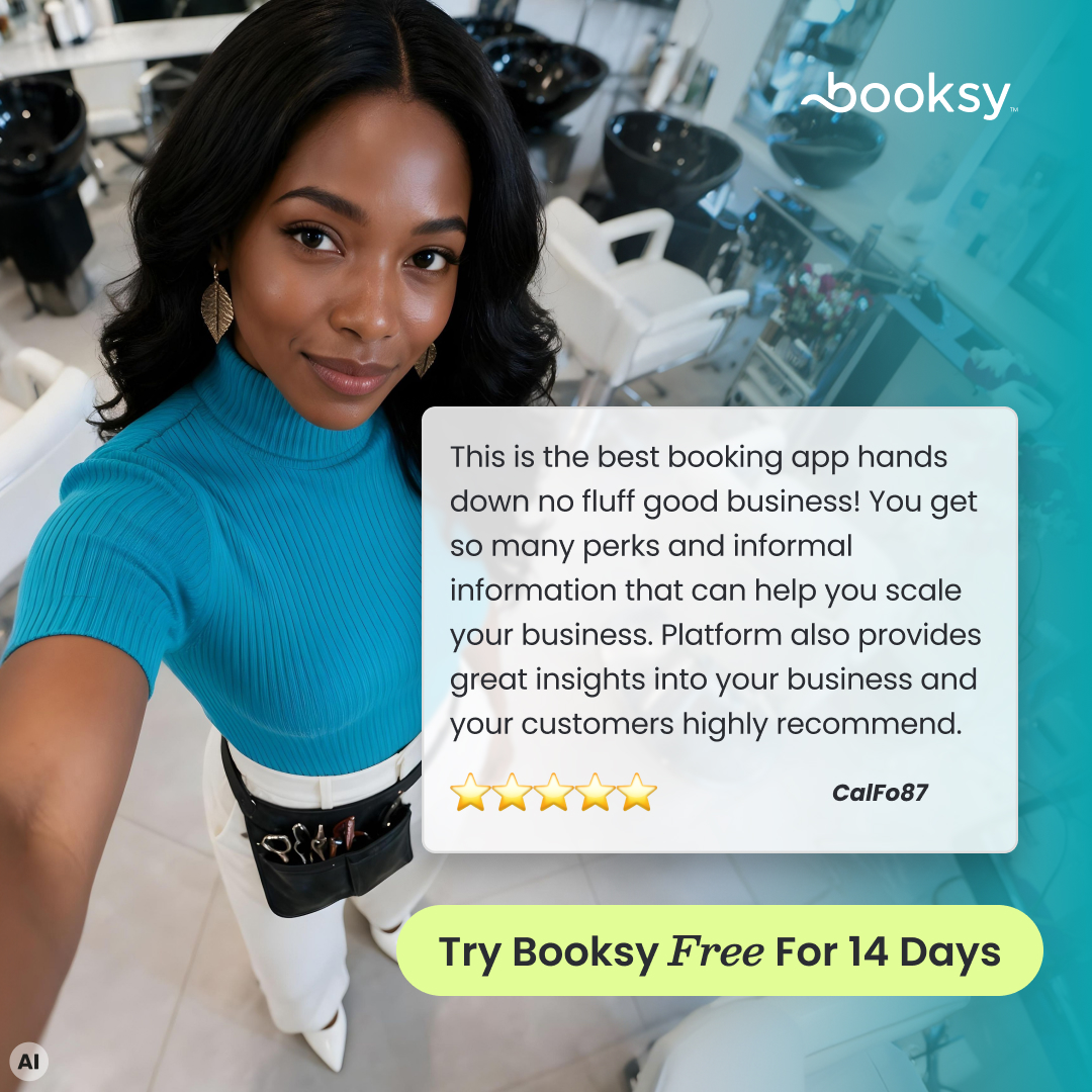 Booksy Facebook ad: Try Booksy FREE for 14 days. No credit card or commitment…