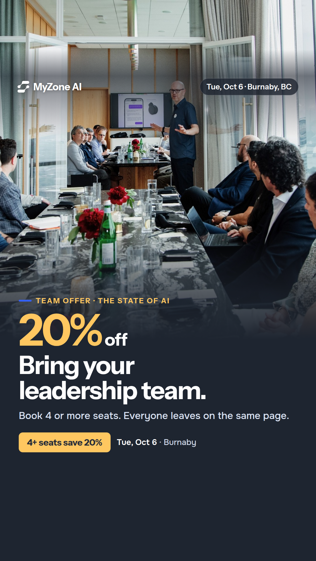 MyZone Facebook ad: Book 4+ seats, save 20%