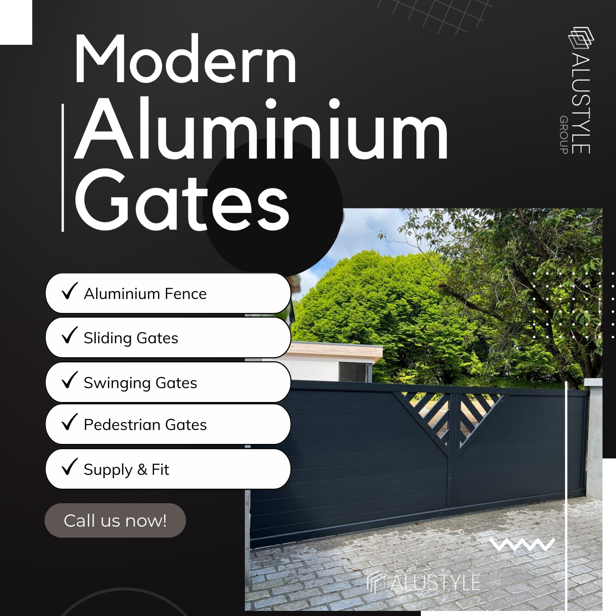 Alustyle.ie Facebook ad: Bespoke aluminium gates designed for modern homes.