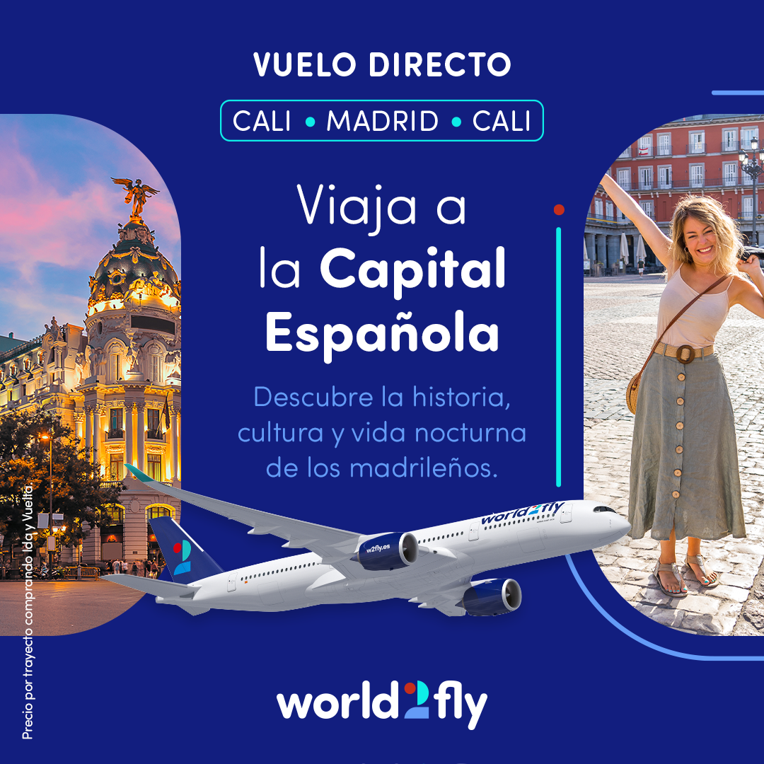World2Fly Facebook ad: Reserva hoy tu vuelo DIRECTO a Madrid en…