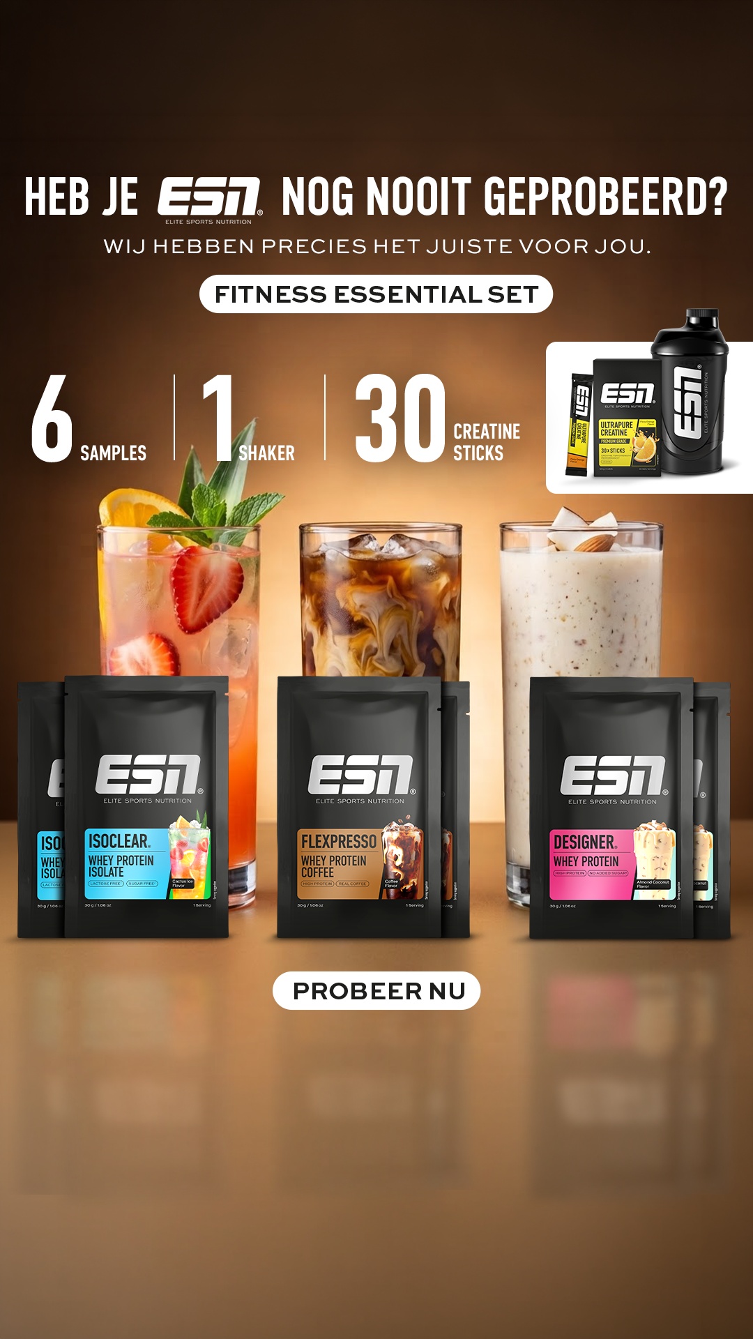 ESN Facebook ad: 6 samples, 1 shaker