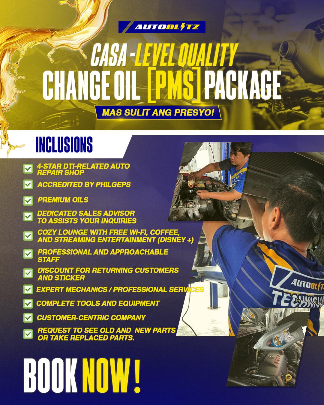 Autoblitz Auto Service Obrero Facebook ad: Busy? Change Oil na sa CASA-Level PMS