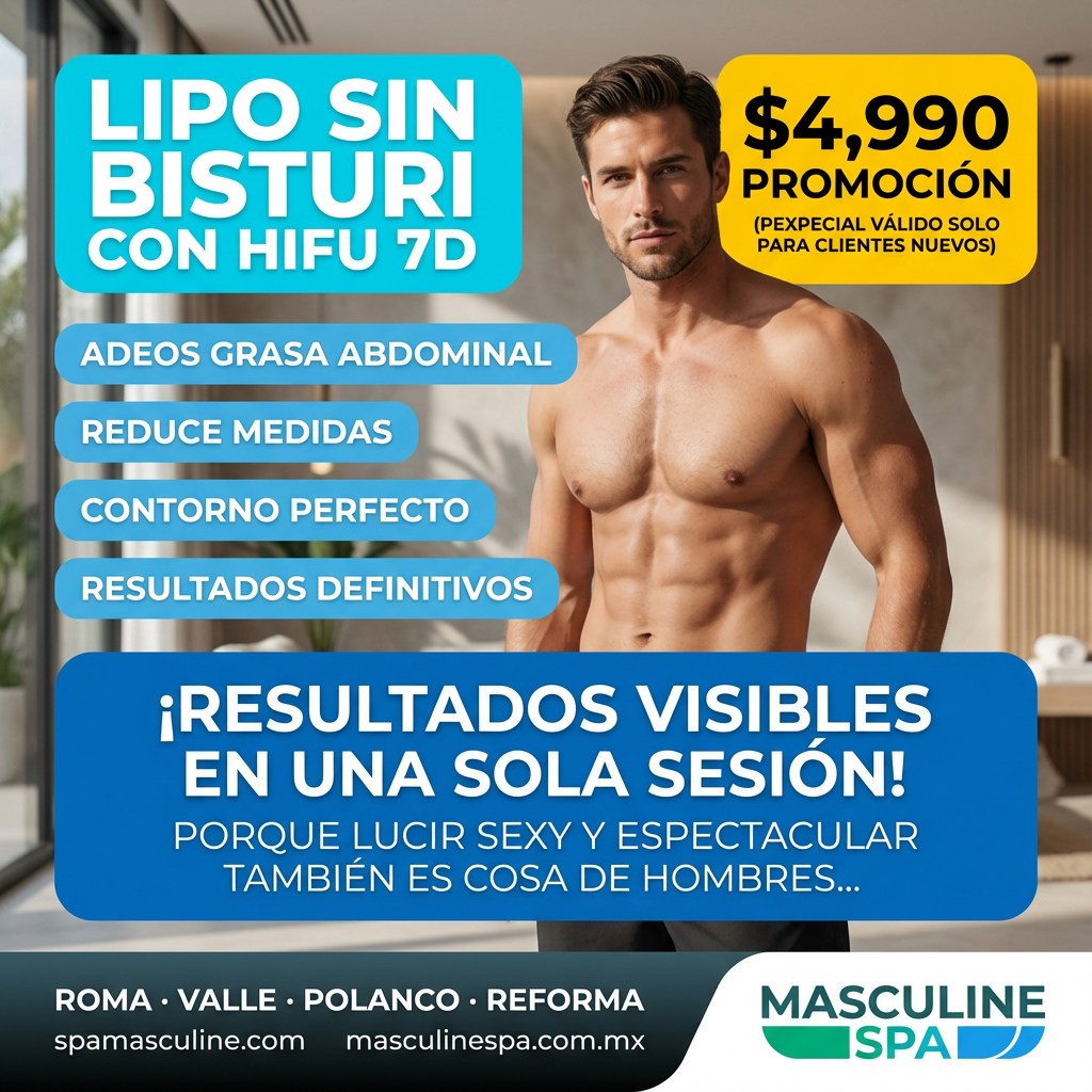 Masculine Spa Parque Hundido Facebook ad: Adiós grasa, hola abdomen marcado