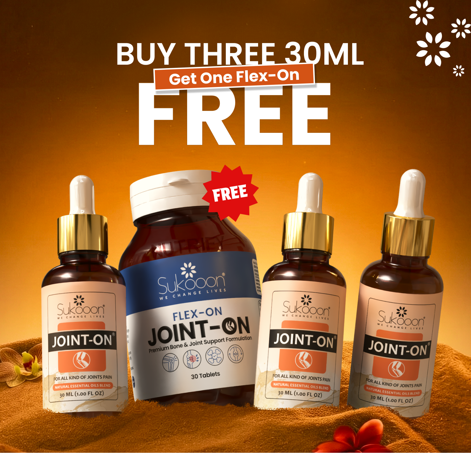 Sukooon Facebook ad: Buy 3 Get 1 FREE, Joint Pain Relief Combo