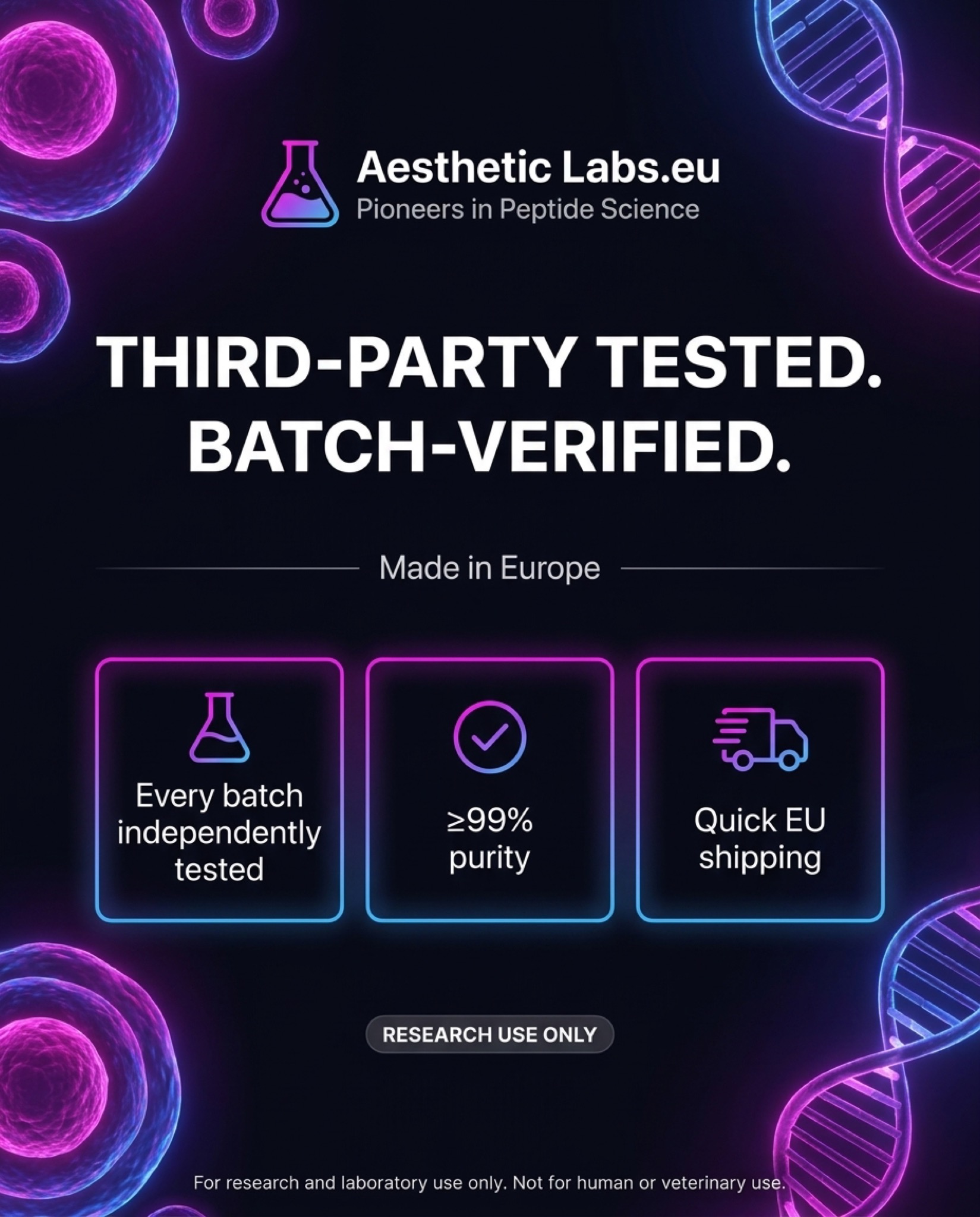 AestheticLabs.EU Facebook ad: ≥99 % Reinheit. Unabhängig geprüft. Sofort lieferbar