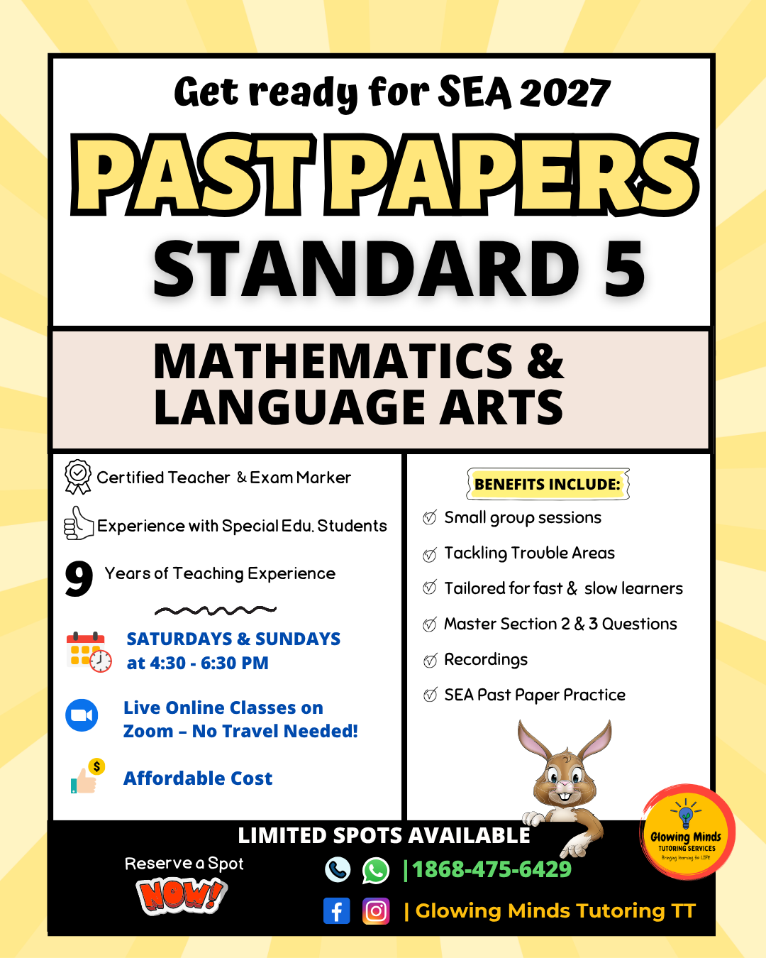 Glowing Minds Tutoring Services TT Facebook ad: SEA 2027 Past Paper Classes | Limited Spots
