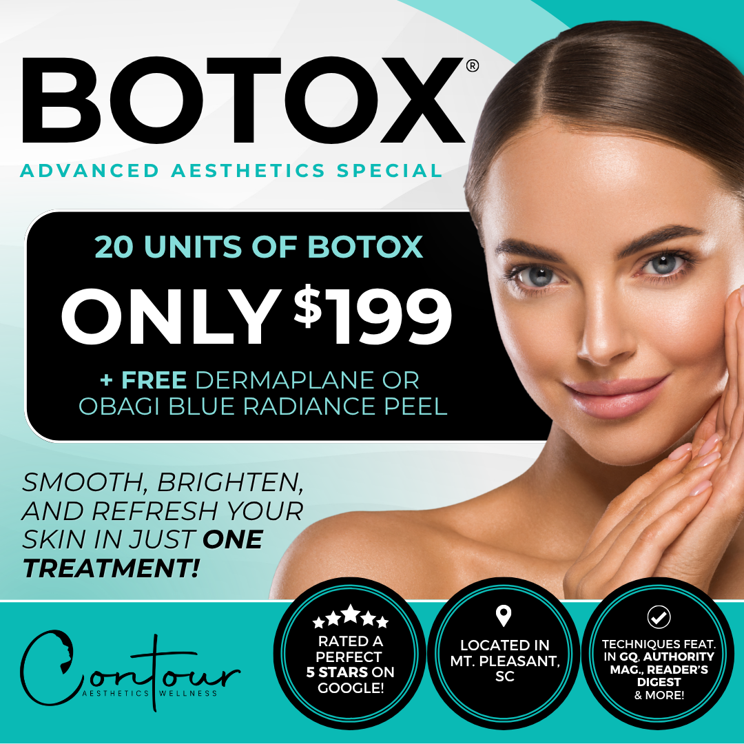 Contour Aesthetics & Wellness Facebook ad: 1 Area of Botox (20 units) + Dermaplane or Peel ONLY $199!