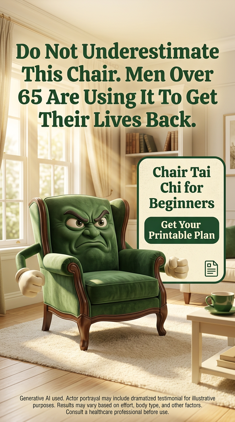 28 Days Chair Tai Chi Challenge Facebook ad: 7 min practice. Real-world strength.