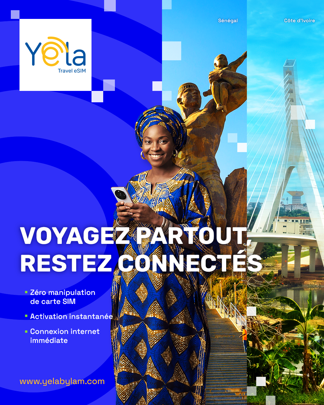 YELA by LAM Facebook ad: Voyagez partout, restez connectés.