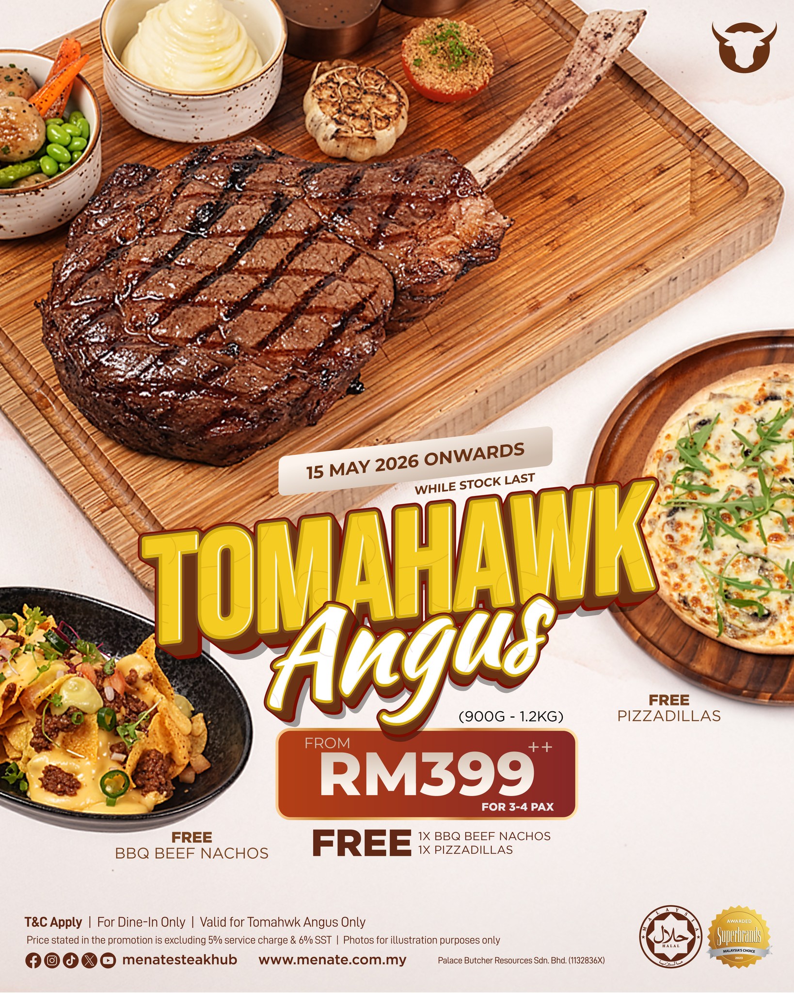Me'nate Steak Hub Facebook ad: TOMAHAWK LOVERS, THIS ONE'S FOR YOU!
