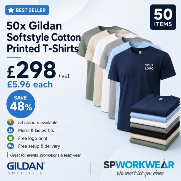 SP Workwear Facebook ad: SALE! 50x Gildan Softstyle Cotton Printed T-Shirts Bundle