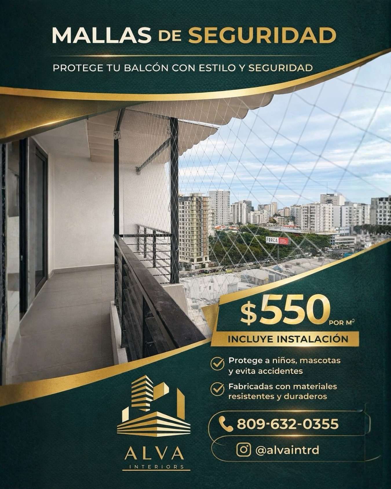Alva Interiors RD Facebook ad: Protege tu balcón con nuestras mallas de seguridad…