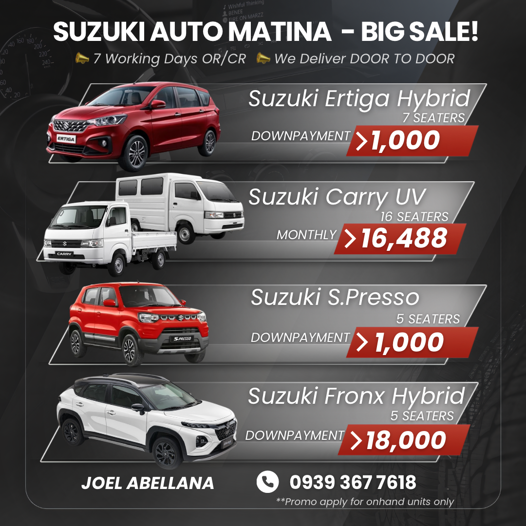 Suzuki Auto Matina by Joel Abellana Jr Facebook ad: ₱1,000 LANG?! YES, TOTOONG ₱1K DOWN