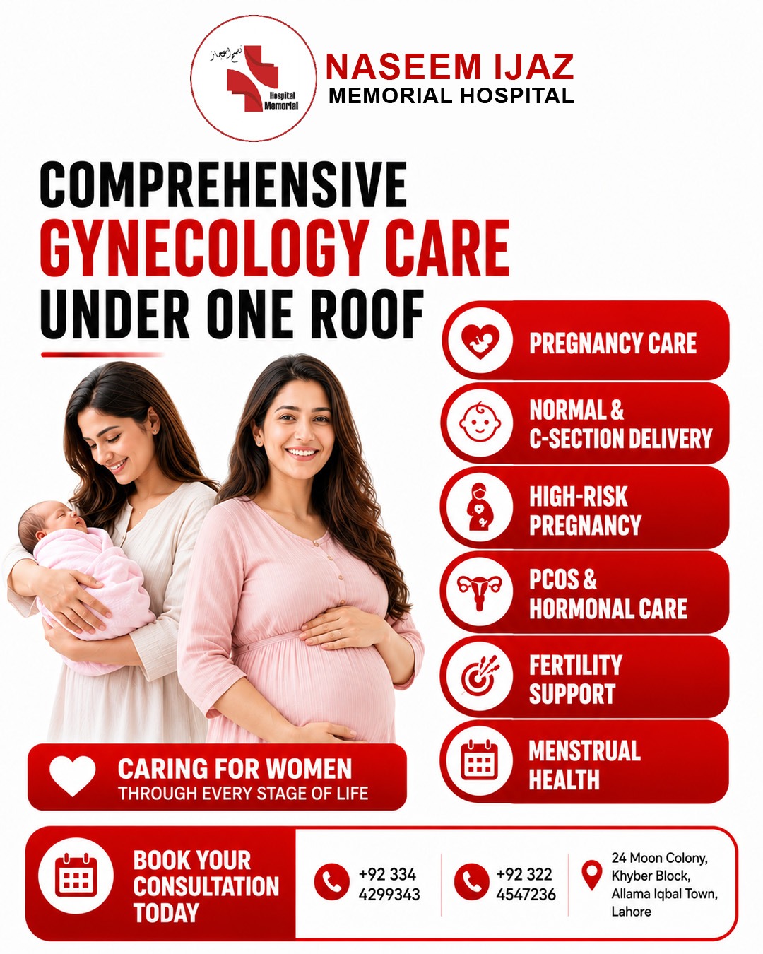 Naseem Ijaz Memorial Hospital Facebook ad: Comprehensive Gynecology Care Under One Roof