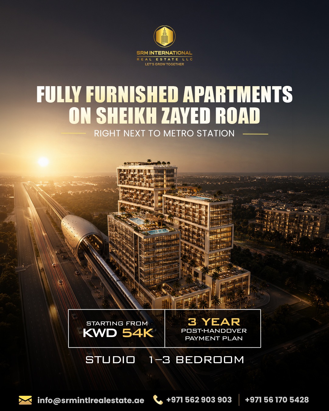 SRM International Facebook ad: Fully Furnished Apartments from KWD 54K (≈ AED 650K)*