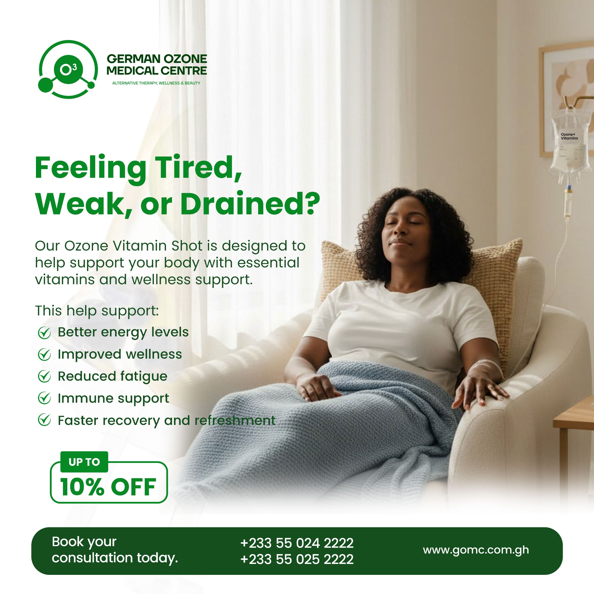 German Ozone Medical Center Facebook ad: Feeling Tired or Drained?