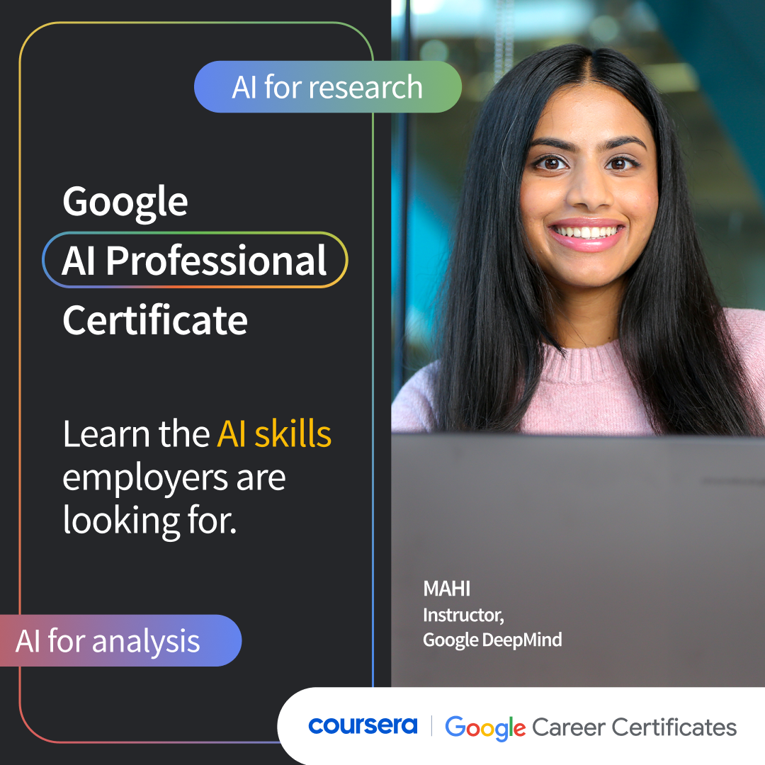 Coursera Facebook ad: No Cost Google AI Pro Offer. Terms Apply