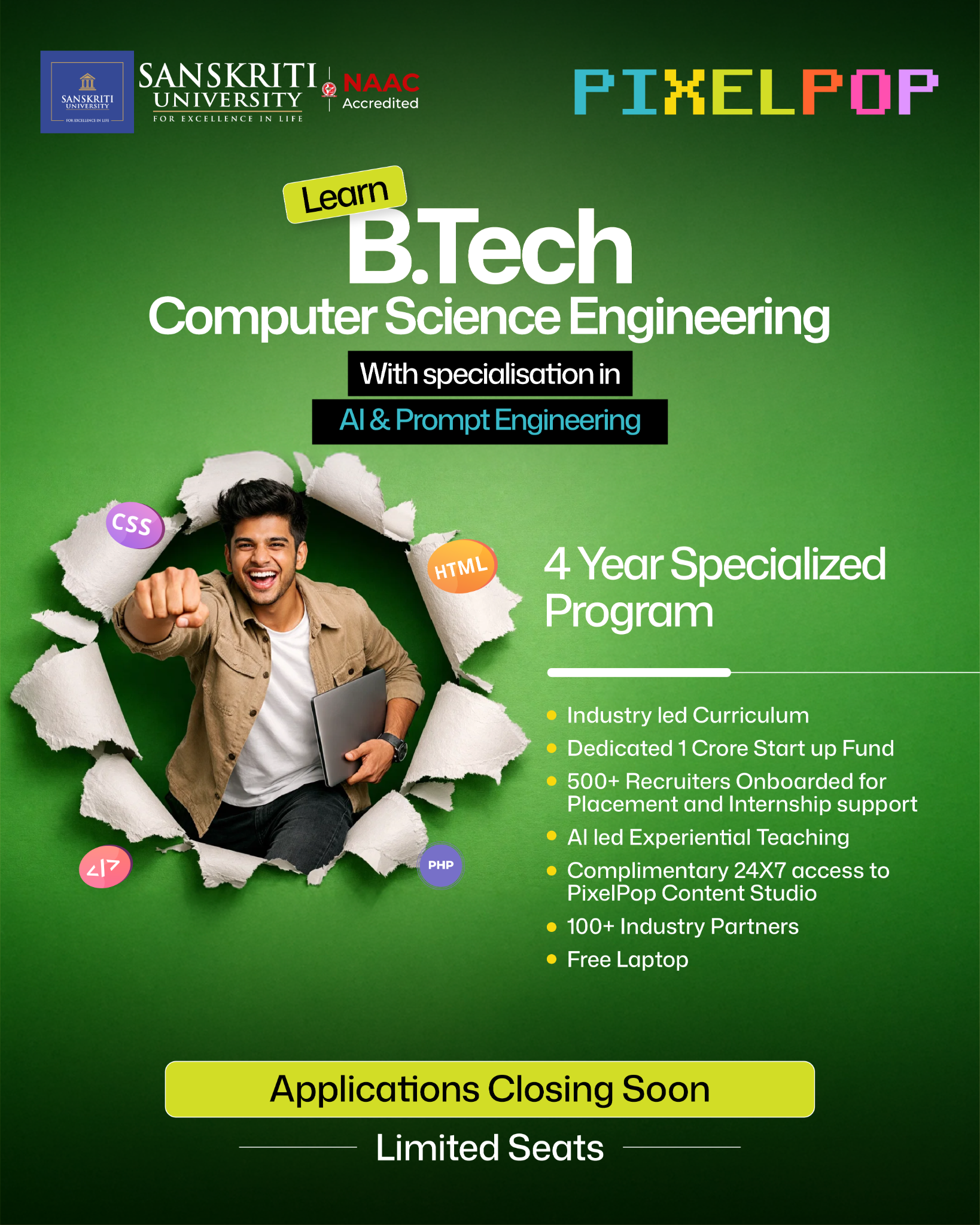 PixelPop Academy Facebook ad: Admissions Open | B.Tech CSE